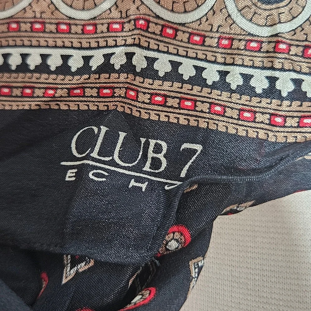 Club 7 Echo Silk Scarf Black Red Tan Geometric Medallion Print Oblong VTG